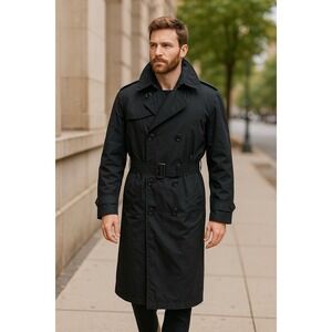 Vtg Defense Logistics Agency Garrison Army Trench‎ Coat 38L Black All Weather